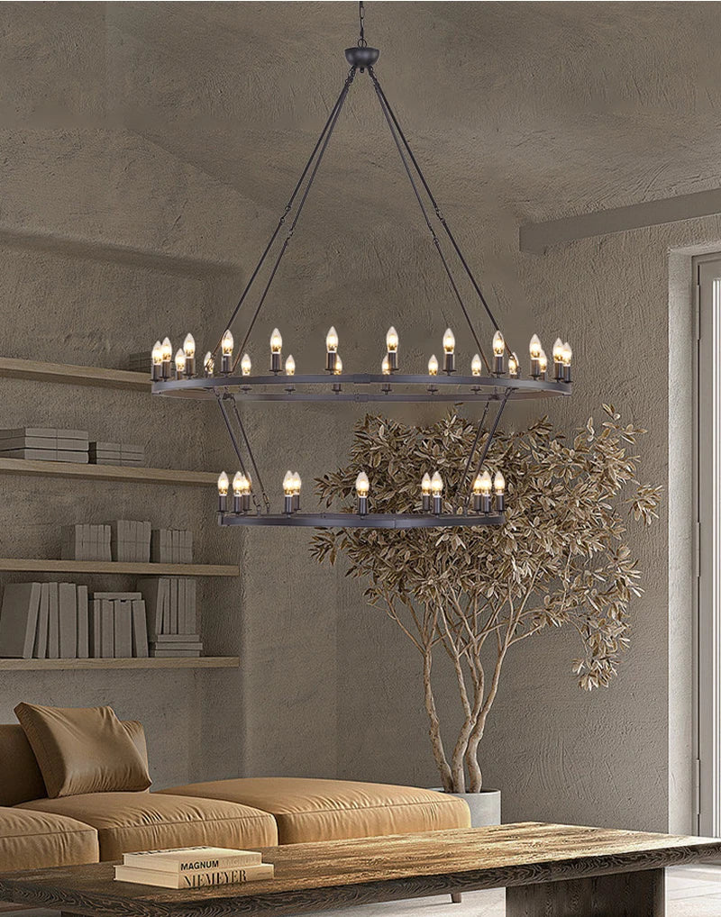 American Wagon Wheel Chandelier light Retro Industrial Candle Large Hanging lamp For Cafe Restaurant Bar Round Ceiling Lamp