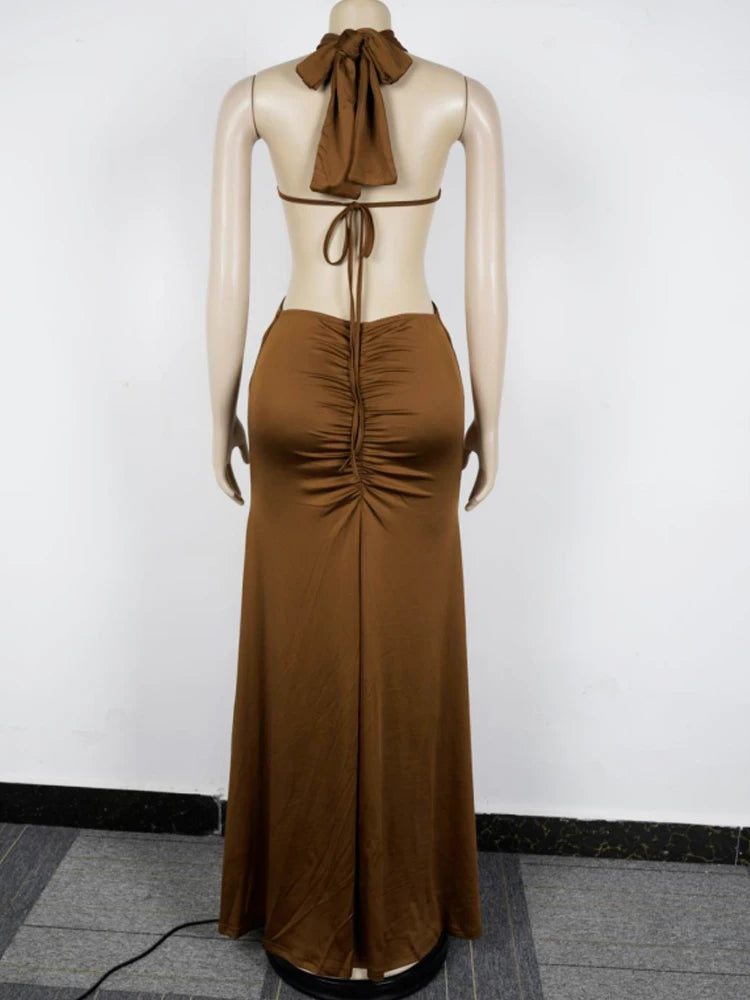 Beyprern New Chic Halter Scollo a V O Rings Abito lungo maxi Glam Donna Sexy Backless Increspato Abiti da festa con spacco alto Abiti di compleanno