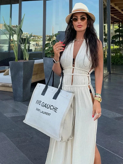Copricostume Sexy 2026 con Scollo a V e Schiena Aperta, Vestito Lungo da Spiaggia per Donna con Cintura Intrecciata, Tunica Lunga con Spacco, Abito Vintage da Festa A2922