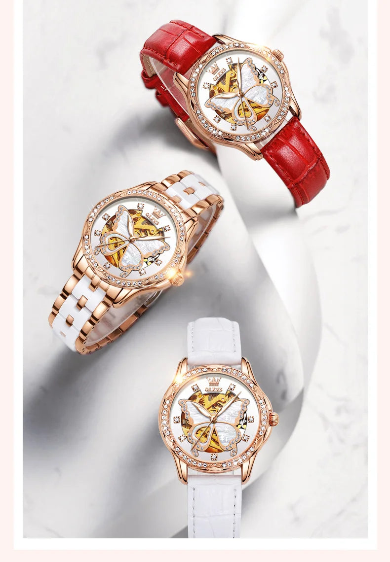 OLEVS 6622 Orologio da donna con quadrante a farfalla Orologio meccanico impermeabile di lusso per donna Orologio da polso automatico con cinturino in ceramica cava