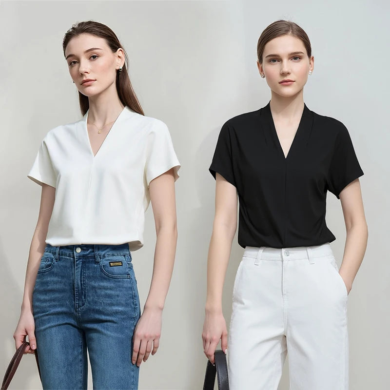 AMII Minimalism 2026 T-shirt Estiva da Donna Stile Classico Casual Scollo a V Manica Corta Tinta Unita Elasticizzata Top e Magliette Femminili 12312013