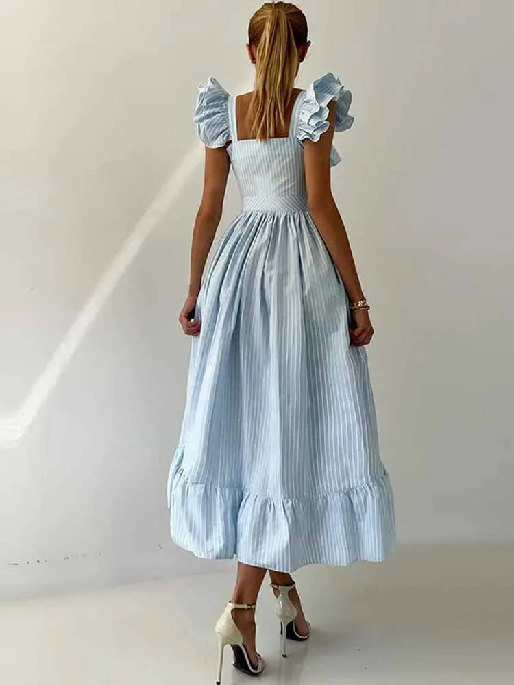 BKQU Abito lungo elegante con maniche volanti a righe con volant Abito lungo da donna chic con colletto quadrato sottile monopetto Abito lungo da festa estivo femminile