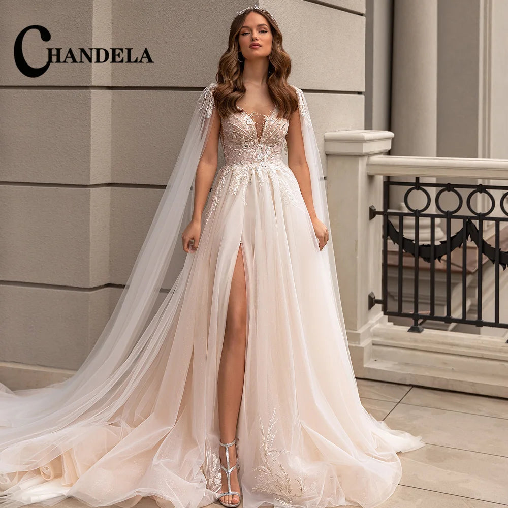 CHANDELA Abiti da sposa a tromba alla moda per le donne Sposa Applicazioni in pizzo con spalle scoperte Allacciatura Sweep Train Personalizzato