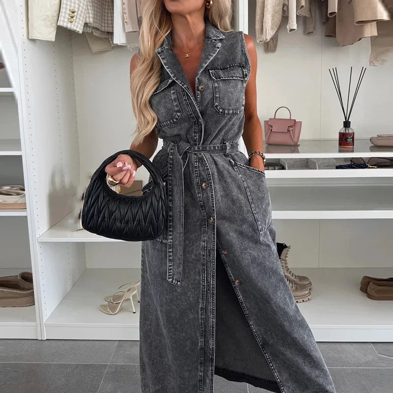 Abito elegante in denim solido con lacci e colletto in risvolto Abito lungo sottile con tasca senza maniche casual Abiti da festa in vita con bottoni alla moda da donna