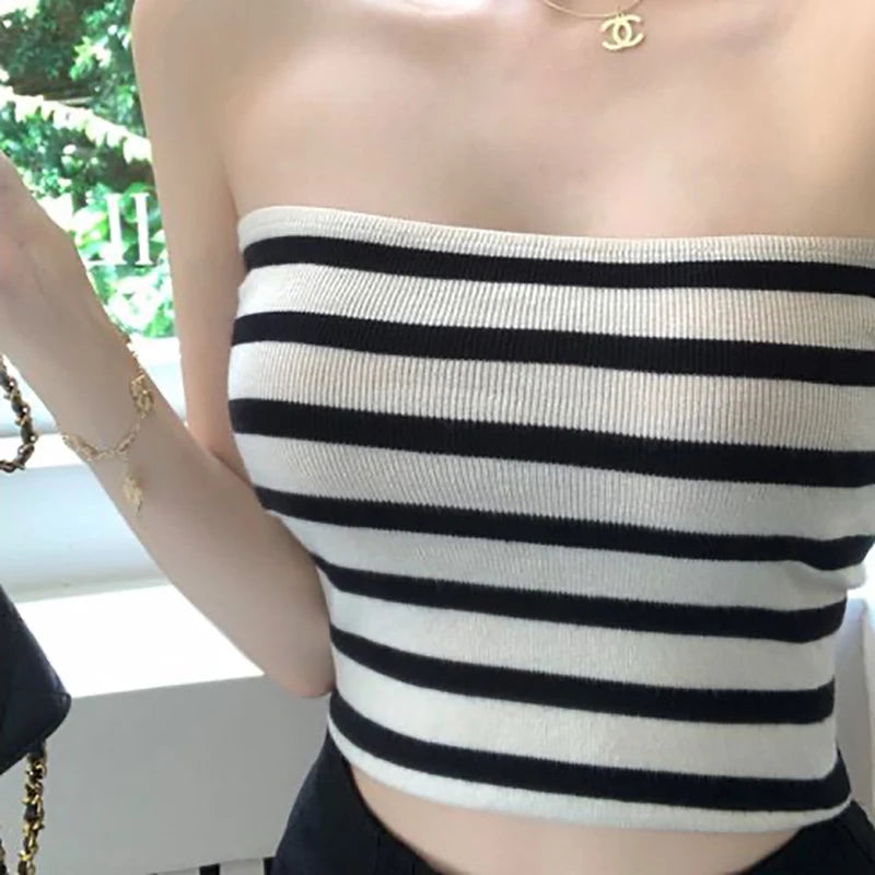 Summer Sexy Spice Retro Striped Tank Top Women Outer Wear Short Sleeveless Tops New Bustier