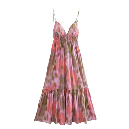 Abito senza schienale con elastico in vita stampato alla moda Abito da donna con lacci Cinghie vintage con scollo a V Abiti midi da spiaggia chic per le vacanze femminili