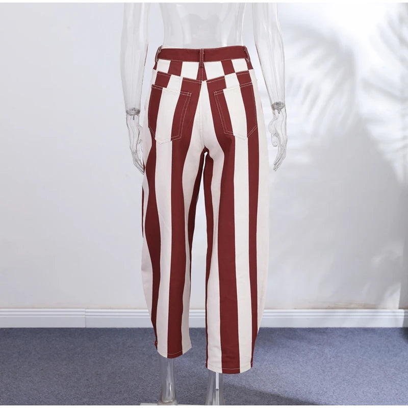 Jeans da Donna a Righe Stile Street Fashion con Cerniera, Bottone e Tasche, Gamba Larga, Pantaloni in Denim Chic Primavera Estate 2026