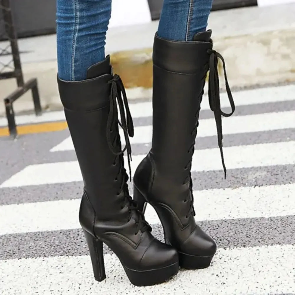 QPLYXCO Knee High Boots Women New Fashion Small Big Size 31-45 Autumn Winter Warm Lace Up High Heels Long Platform Boots M-20
