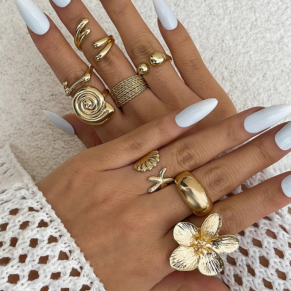 Ingemark 8 Pz/set Vintage Metallo Petalo Fiore Goccia D'acqua Anelli Aperti per Le Donne di Tendenza 2025 Goth Anello Geometrico Regalo Dei Monili Quotidiani