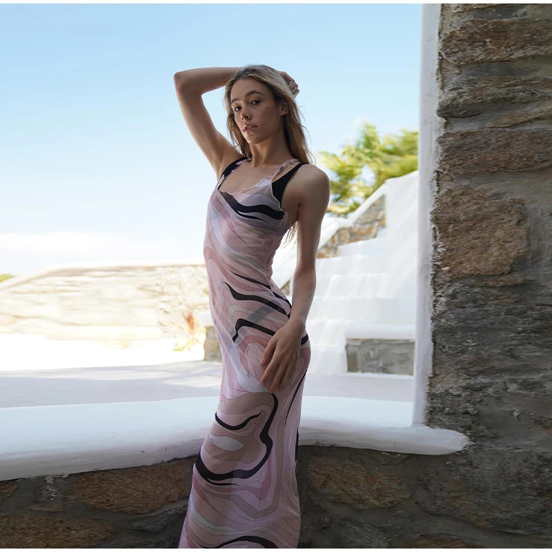 Abito lungo aderente aderente in rete trasparente da donna sexy Stampa chic senza maniche Slim Fit Abiti lunghi per le vacanze al mare Abito femminile quotidiano casual