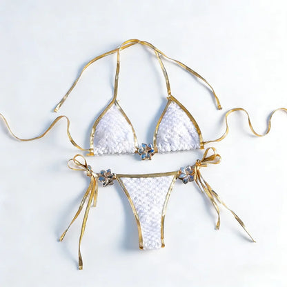 Nouvel ensemble de bikini sexy pour femmes avec bords, maillot de bain style occidental avec liens latéraux, anneaux en métal, bandeau réglable, deux pièces