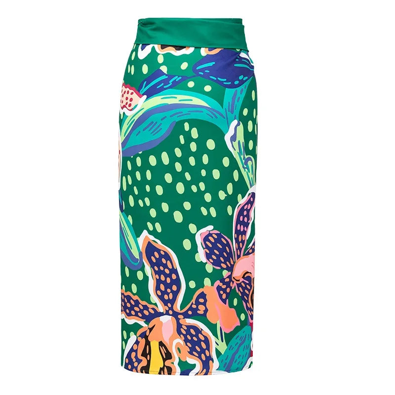 Vintage Green Abstract Print Bikini Set Women Push Up High Waist Swimsuit 2026 Beach Bathing Suit Long Skirt 3 Piece Swimwear