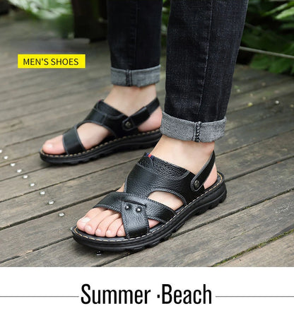Herren-Ledersandalen für den Sommer, rutschfeste Herrenschuhe aus echtem Leder, Hausschuhe, Strandschuhe mit dicker Sohle für draußen, bequeme, weiche Herren-Sandalen