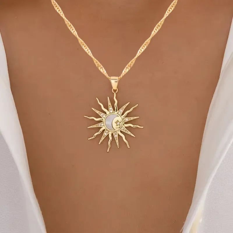 1 pezzo di strass brillanti dal design unico, sole, stella, luna, tre in uno, collana con ciondolo, gioielli da festa versatili quotidiani da donna retrò