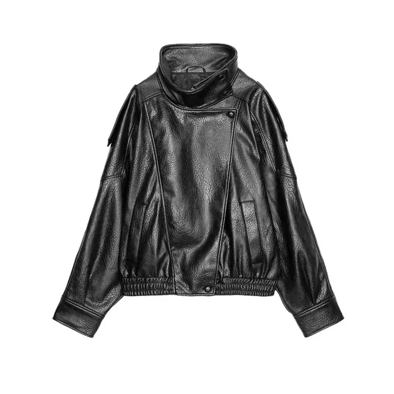 Giacca bomber da donna in camoscio grigio scuro, con colletto alla coreana, maniche lunghe, oversize, asimmetrica, stile street, giacche da donna autunno 2026