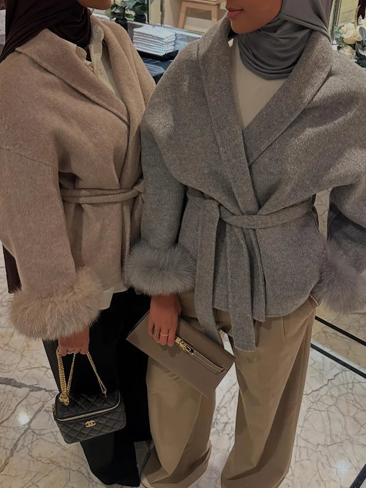 Cappotto di lana patchwork in pelliccia solida Moda donna Manica intera Scollo a V Con lacci Cappotto lungo allentato Autunno Ufficio Pendolarismo Lady Outwear