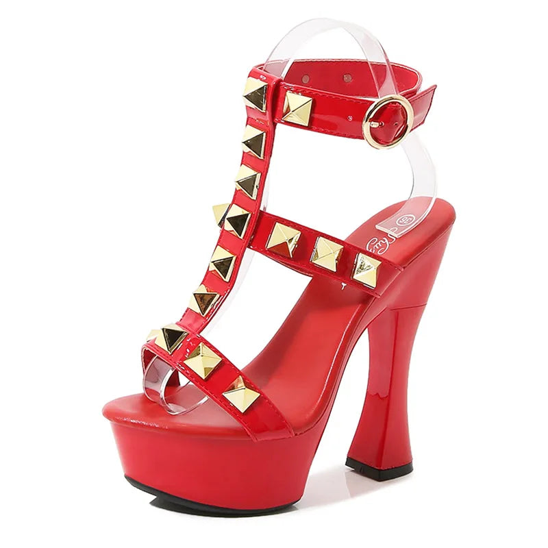 New Rivet Designer High Heels 2025 Fashion Thick Platform Club Women Pumps Sexy Summer Models Sandals White Black Red Woman Shoe