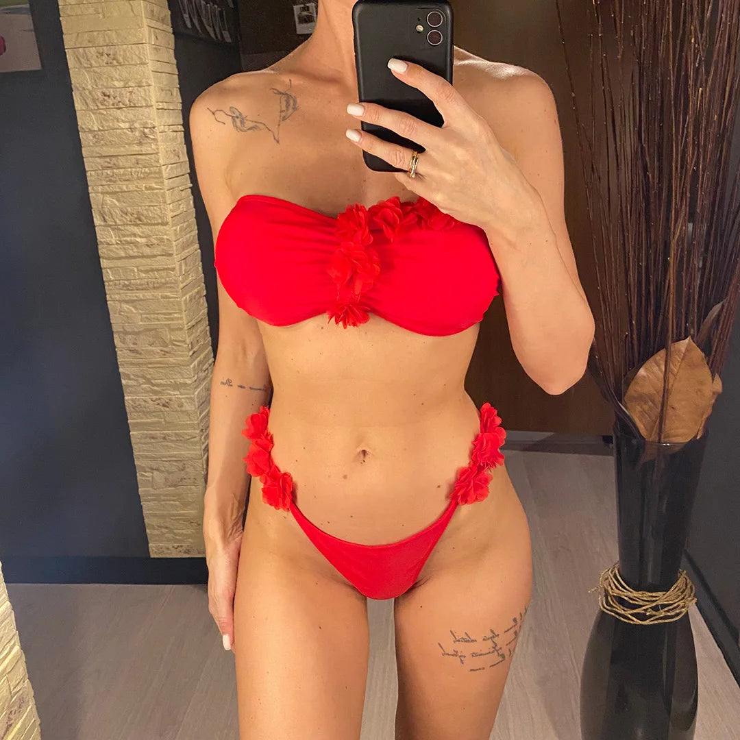 XS - L Fiori 3D Bikini a fascia taglio alto Costumi da bagno donna Costume da bagno femminile Bikini a due pezzi Costume da bagno bagnante Costume da bagno V5961