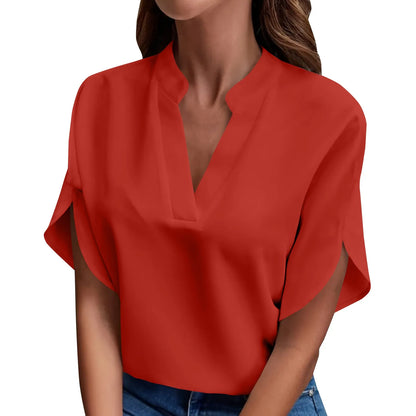 Hauts d'été pour femmes Blouse 2024 Mode Manches courtes Unies Col en V Chemises et blouses amples Élégantes Dames Hauts blancs