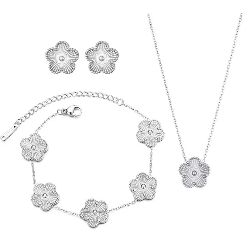 3 pezzi in acciaio inossidabile 316L di lusso fiore di pruno pianta a cinque foglie fiore collana orecchini braccialetto per le donne set di gioielli regalo
