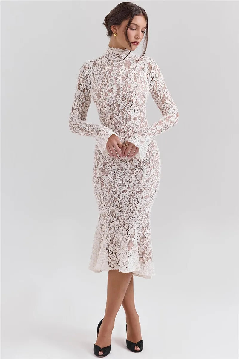 Abito longuette sexy a maniche lunghe in pizzo Mozision per donna Elegante abito lungo sexy da festa aderente a vita alta con collo a metà alto bianco