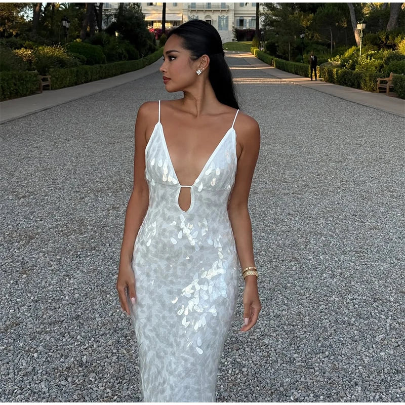 Abito lungo da donna con paillettes Abito lungo con scollo a V Solido Backless Vita alta Abiti senza maniche 2025 Moda Nuova estate Lady Party Robes