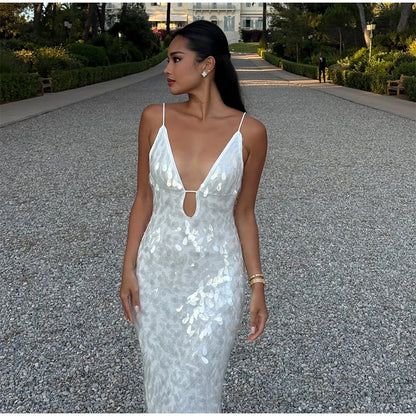 Abito lungo da donna con paillettes Abito lungo con scollo a V Solido Backless Vita alta Abiti senza maniche 2025 Moda Nuova estate Lady Party Robes