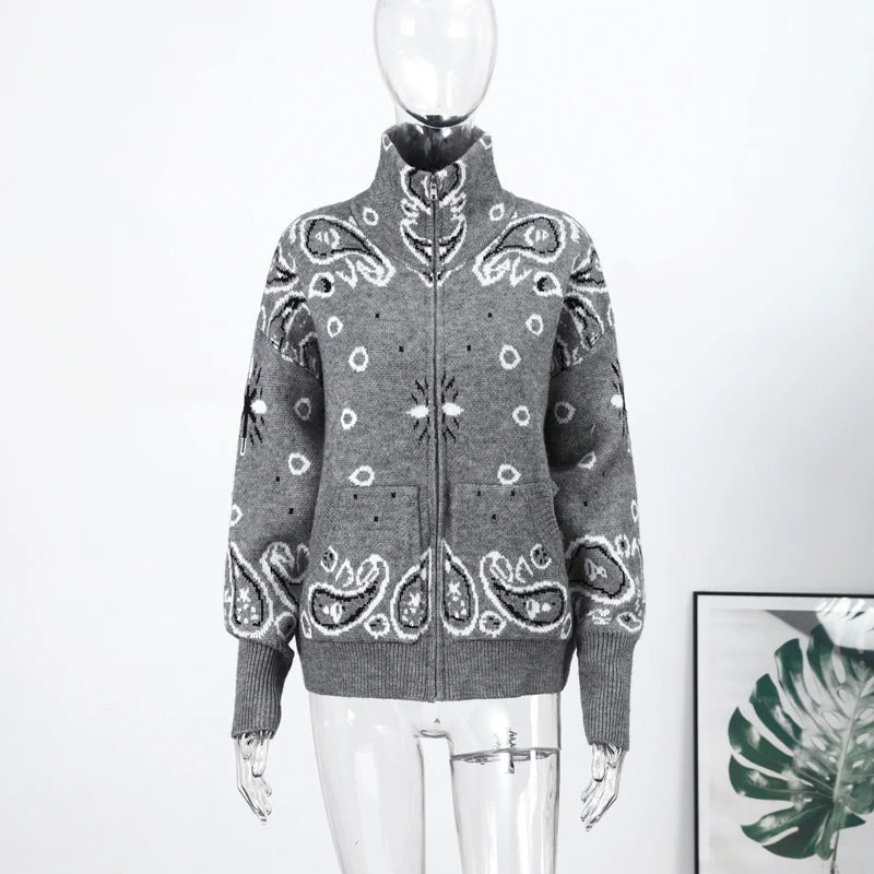 Street Knit Jacquard Colletto alla coreana Cardigan Cerniera Manica intera Maglione grigio femminile 2026 Primavera Lady Fashion Maglieria accogliente Nuovo