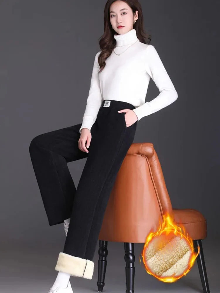 Abbigliamento donna giovanile in pile invernale spesso Sport casual Pantaloni sportivi larghi Pantaloni da donna a vita alta Fluff di agnello Pantalones dritti