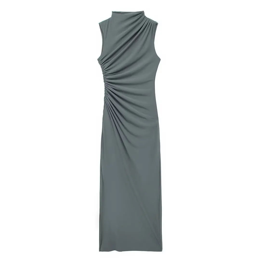 Abito da donna solido pieghettato O collo Slim Hip Package abiti lunghi da donna 2024 moda senza maniche Summer Evening Party abito femminile