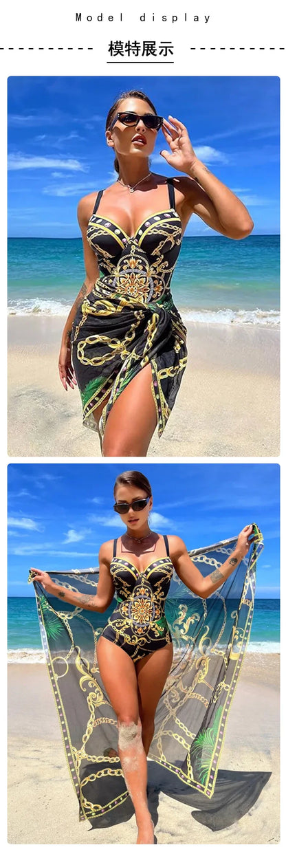 2025 Women One Piece Wired Monokini + Wrapped Skirt Black/Blue/Green Chain Printed Sexy Slim Fit Hanging Straps Hard Pack Bikini