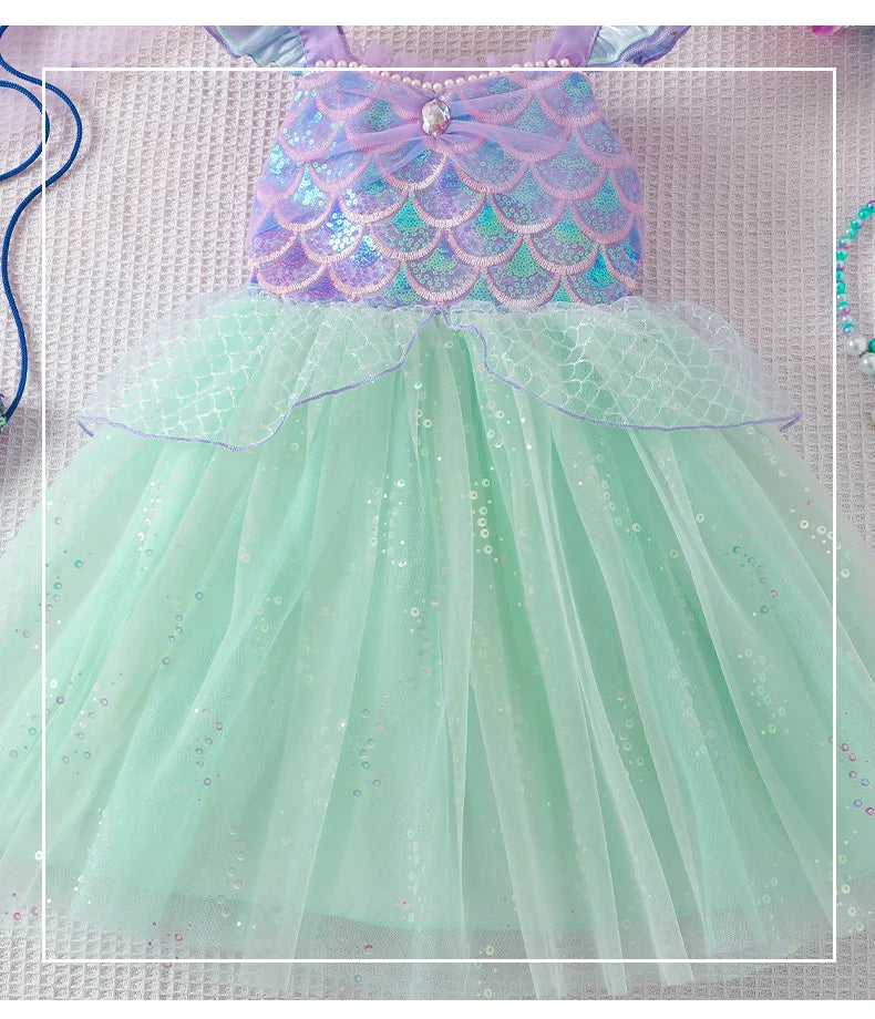 Costume da spettacolo con paillettes Abiti da principessa per ragazza Gonna a rete con fionda Abito da ragazza di compleanno Abiti da ragazza per feste a tema sirena