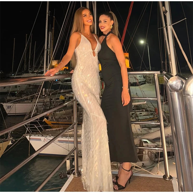 Abito lungo da donna con paillettes Abito lungo con scollo a V Solido Backless Vita alta Abiti senza maniche 2025 Moda Nuova estate Lady Party Robes