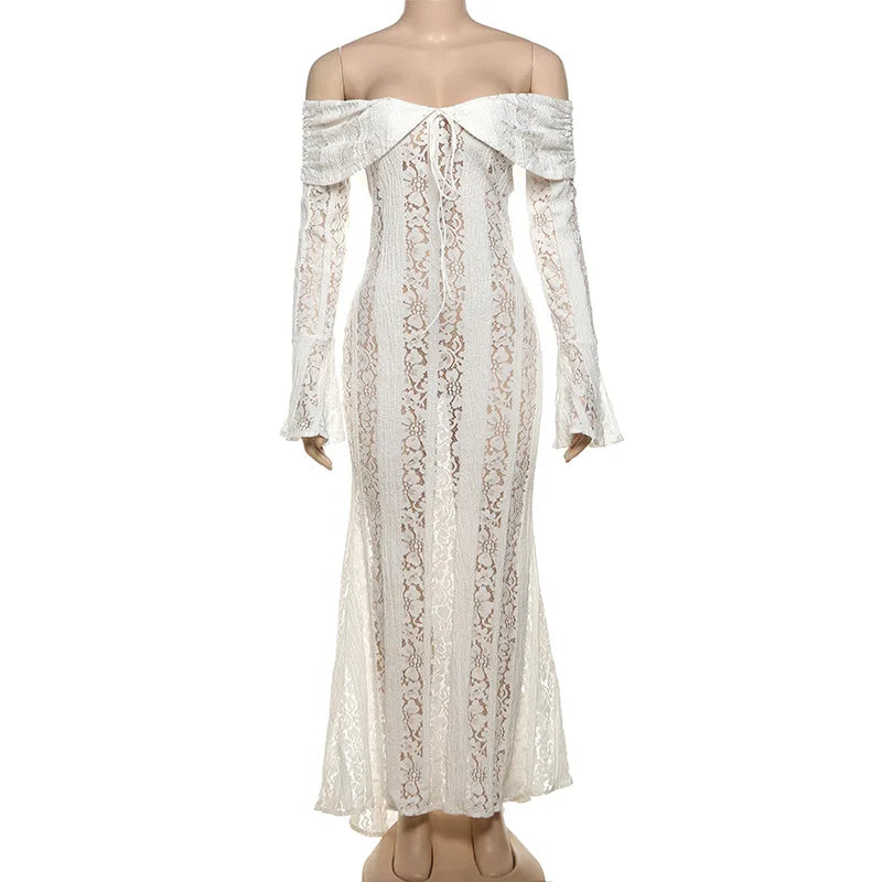 Abito lungo da donna elegante con maniche svasate con lacci Moda scava fuori con spalle scoperte Abiti aderenti 2024 Lady New Beach Partywear
