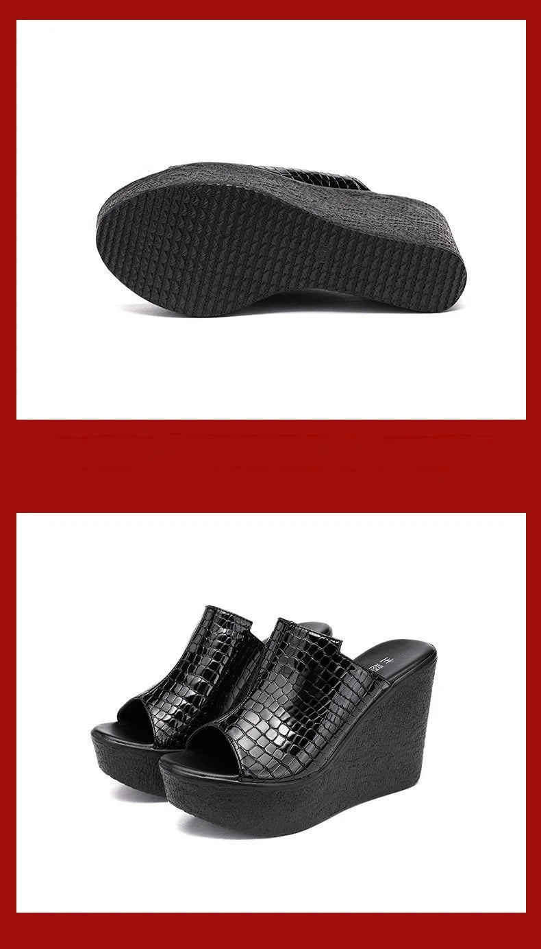 Sandali con Zeppa in Pelle Lucida Estivi da Donna, Misura Piccola 32-43, Tacco Alto 11cm, Ciabatte Eleganti per Ufficio e Modello, Collezione 2026