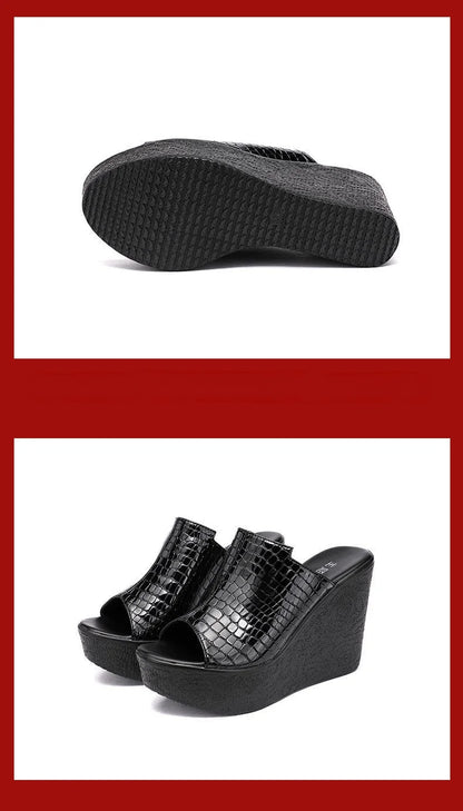 Sandali con Zeppa in Pelle Lucida Estivi da Donna, Misura Piccola 32-43, Tacco Alto 11cm, Ciabatte Eleganti per Ufficio e Modello, Collezione 2026