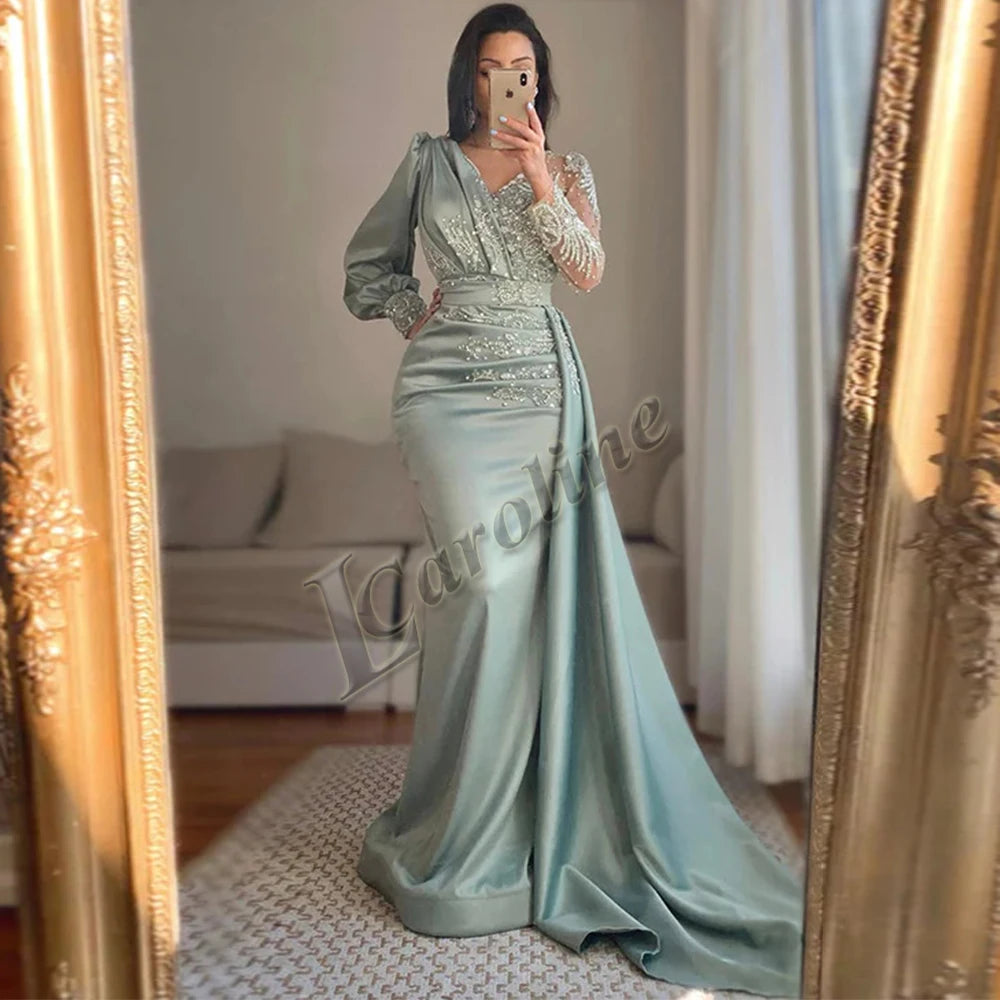 Caroline Bling Paillettes Abiti da ballo per le donne Pieghettato Fiori 3D Dubai Abito da sera formale Vestido De Formatura Personalizzato