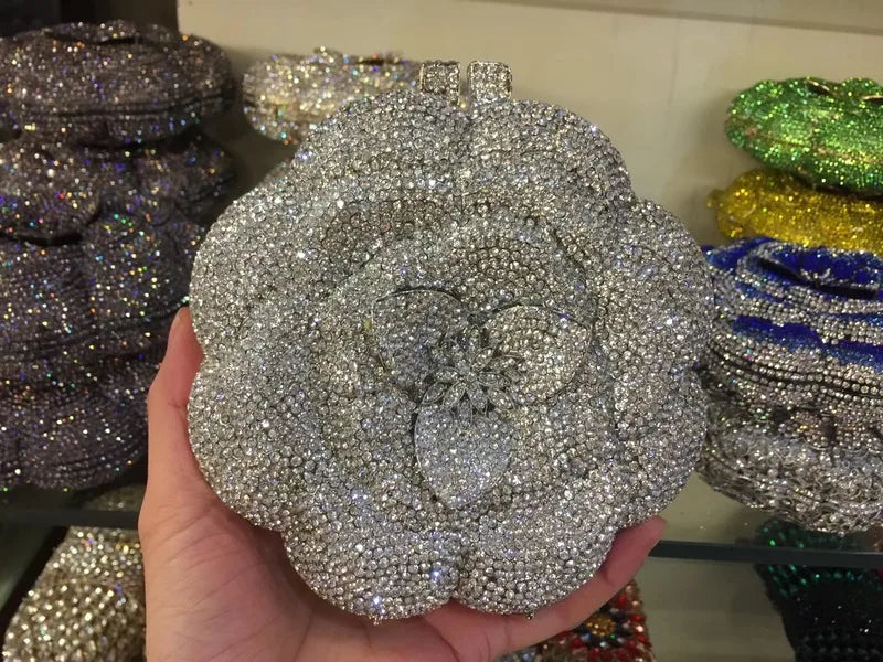 Pochette da sera con strass rosa/verde con fiore rosa Borse da sera da donna in cristallo giallo floreale Pochette da sposa per festa di nozze