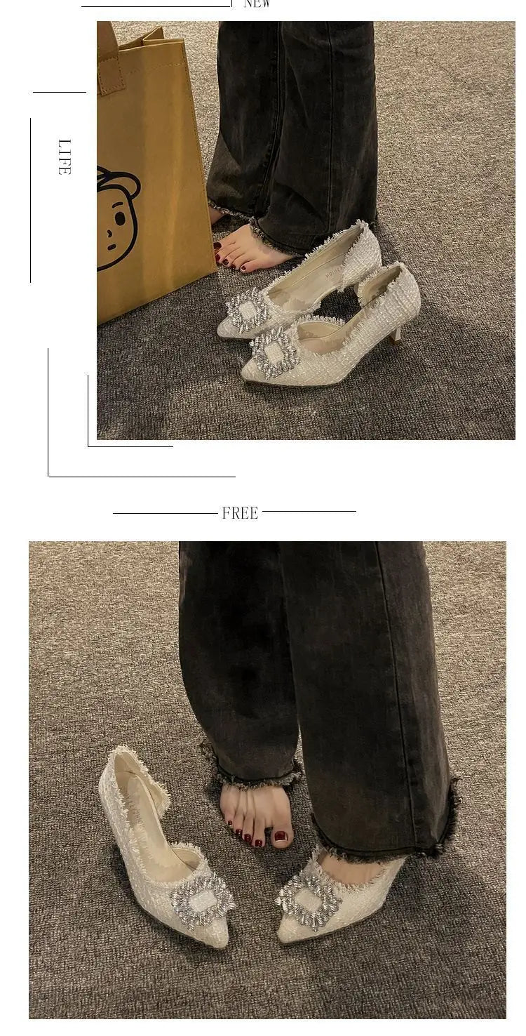 Stiletto Heels 2024 White Wedding Shoes Fashion Pointy Square Button Rhinestone Sandals Temperament Women's Women's Shoes