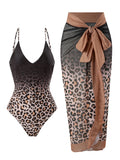 Summer Leopard Print Digital Print Retro Elegant One-Piece Women's Swimsuit Gauze Skirt 2-Piece Swimsuit