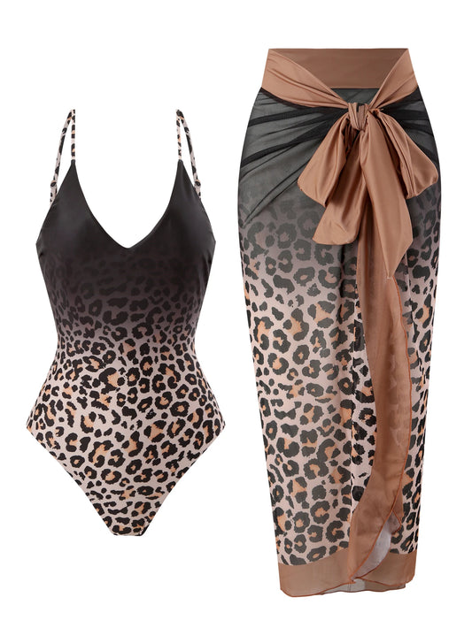 Summer Leopard Print Digital Print Retro Elegant One-Piece Women's Swimsuit Gauze Skirt 2-Piece Swimsuit