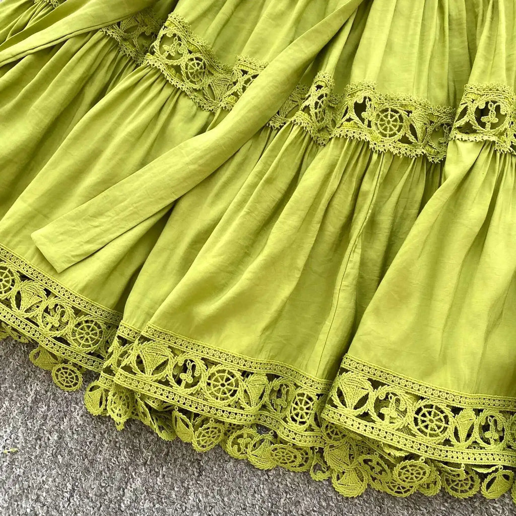 Abiti midi scavati di lusso Camicia da donna Vacanza estiva Elegante bottone monopetto Cintura in pizzo Ricamo Vestido lungo da festa