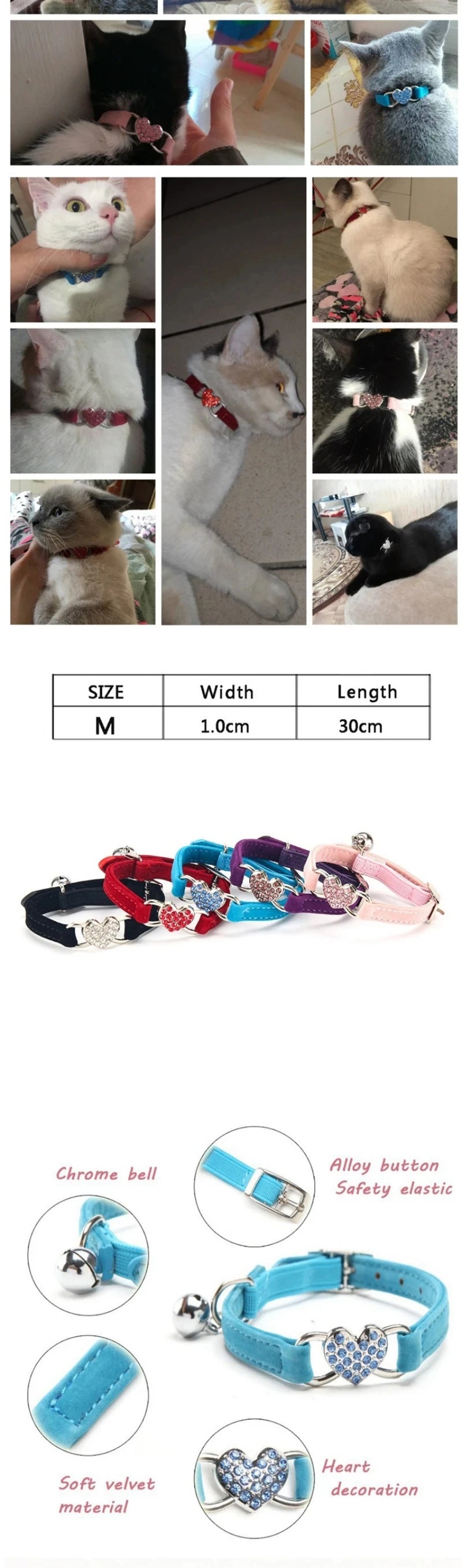 Collare per gatti a forma di cuore con campanello, elastico e regolabile, in morbido velluto con cristalli, per gattini e cuccioli, accessori per animali domestici