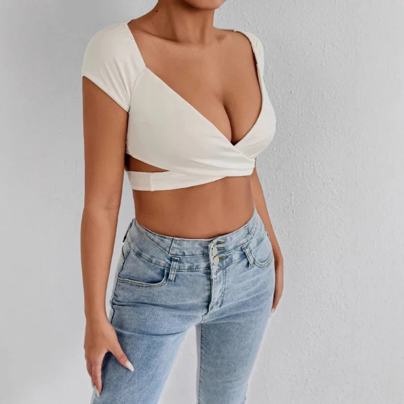 T-shirt d'été sexy à col en V pour femme, top court push-up taille haute en mélange extensible, tenue quotidienne de club, plage, élégant, pour courbes