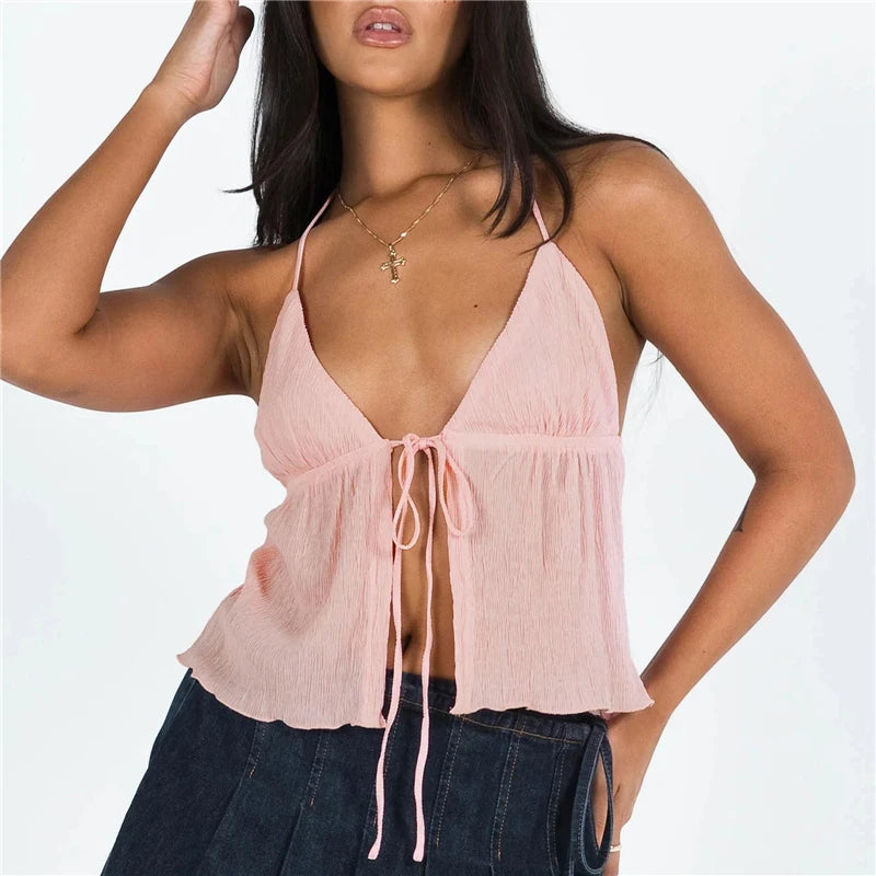 Haut court sexy d'été avec nœud papillon et lacets, sans manches, gilet court élégant pour jeunes femmes, mode épaules dénudées 2024 Nouveauté