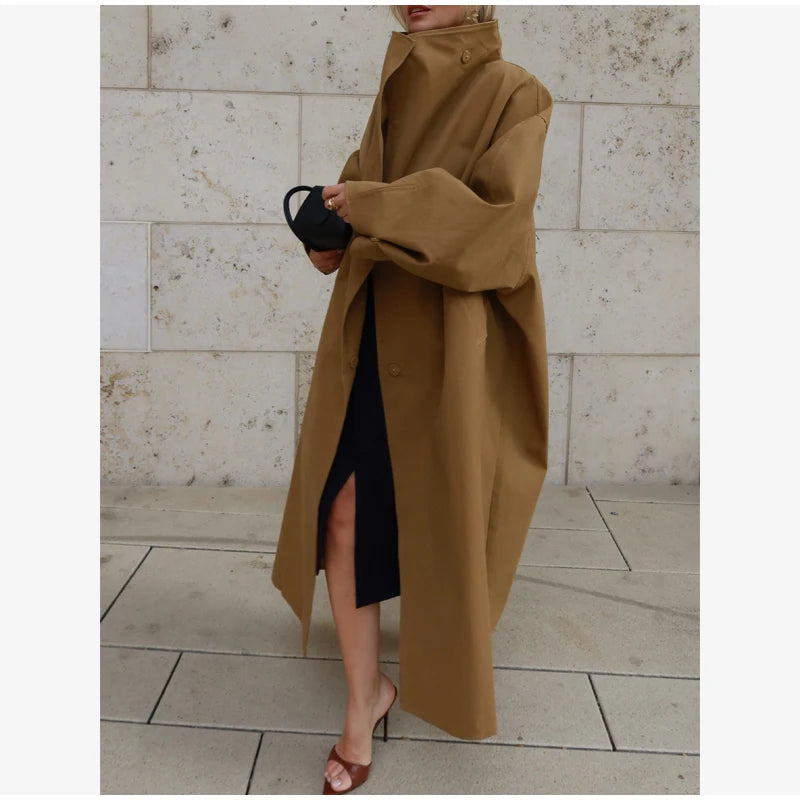 Elegante giacca a vento lunga con risvolto pieghettato verde da donna manica lunga con scollo a V cintura con lacci giacca ampia Lady High Street capispalla quotidiano