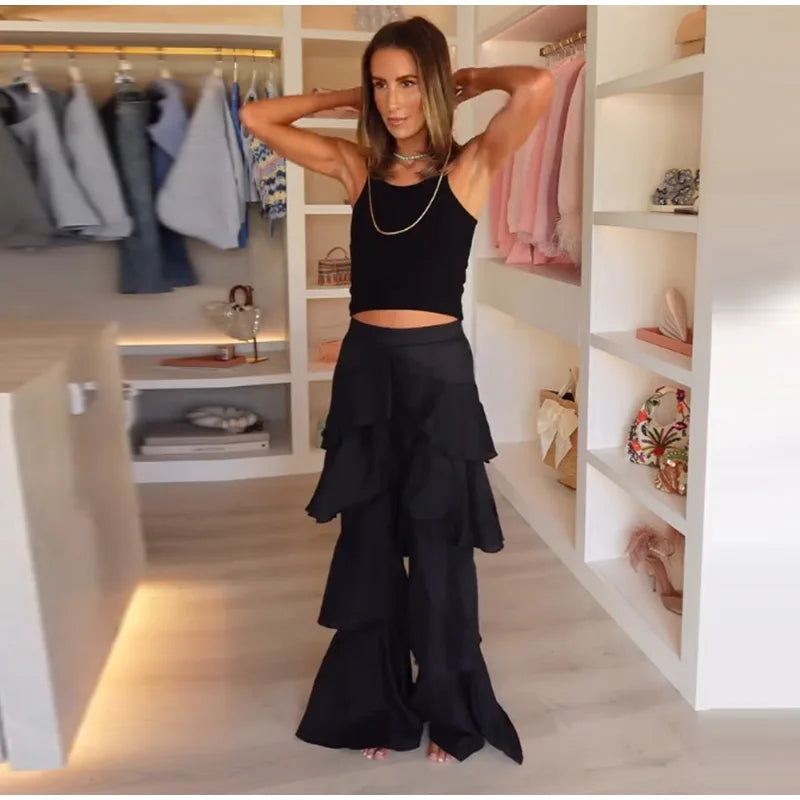 Eleganti Pantaloni a Zampa da Donna con Volant a Cascata in Chiffon a Vita Alta, Neri, Estivi 2026, Versatili, Nuovi