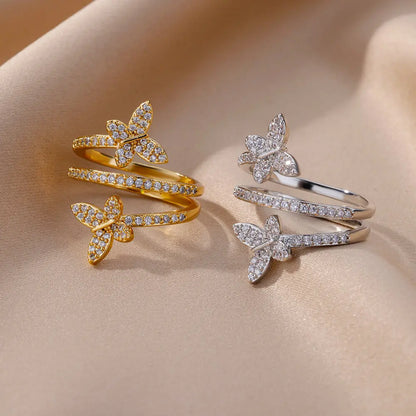 Anelli a doppia farfalla con zirconi per donna Anello multistrato aperto color oro in acciaio inossidabile Gioielli per festa di nozze di moda 2024 Nuovo