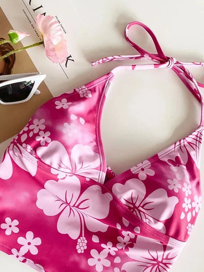 Costume da bagno sexy con stampa floreale gialla Set da donna Halter Push Up Crop Top Costume da bagno 2025 Costume da bagno da spiaggia con lacci Costumi da bagno a vita alta
