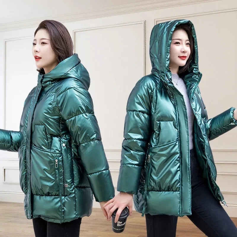 Nuova Giacca Invernale 2026 per Donna, Parka Lucido Imbottito in Cotone, Giacca Femminile Tinta Unita, Cappotto Caldo con Cappuccio